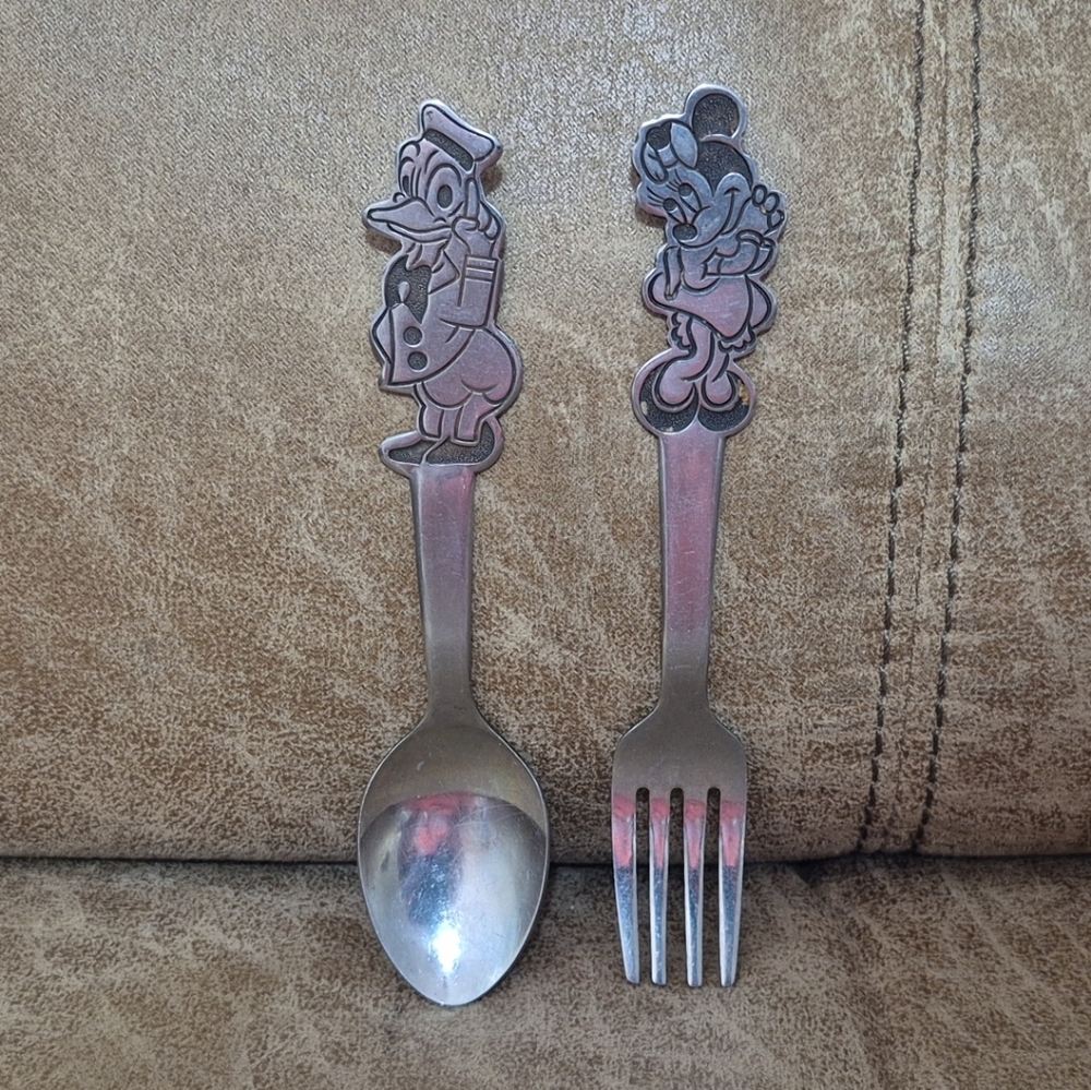 Vintage Disney Stainless Donald Duck Spoon and Minnie Mouse Fork 5.5" By Bonny